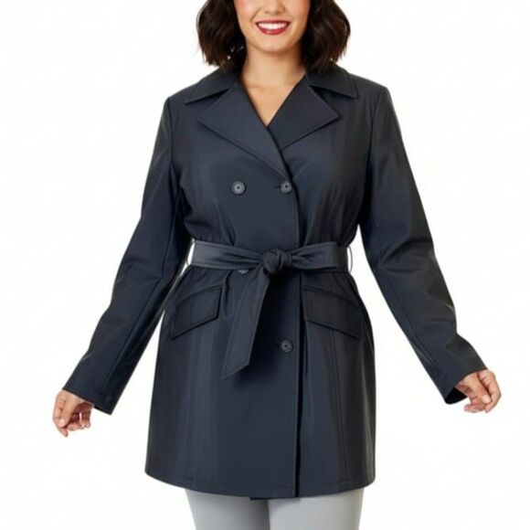 Colebrook VTG 90s Y2K PVC Black Waterproof Short Belted Trench Coat Jacket Sz S - Picture 2 of 9